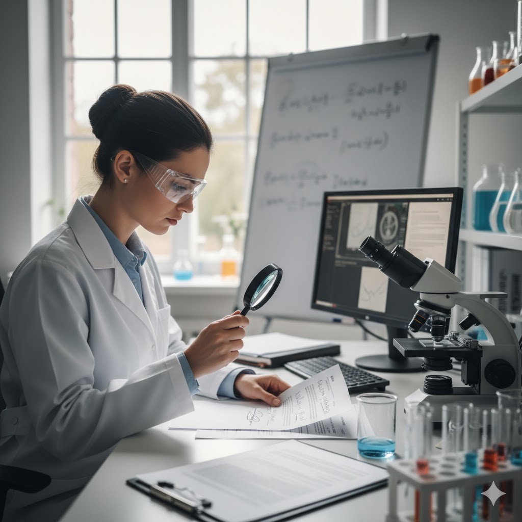 Grafóloga forense realizando análisis científico de escritura y documentos para casos legales